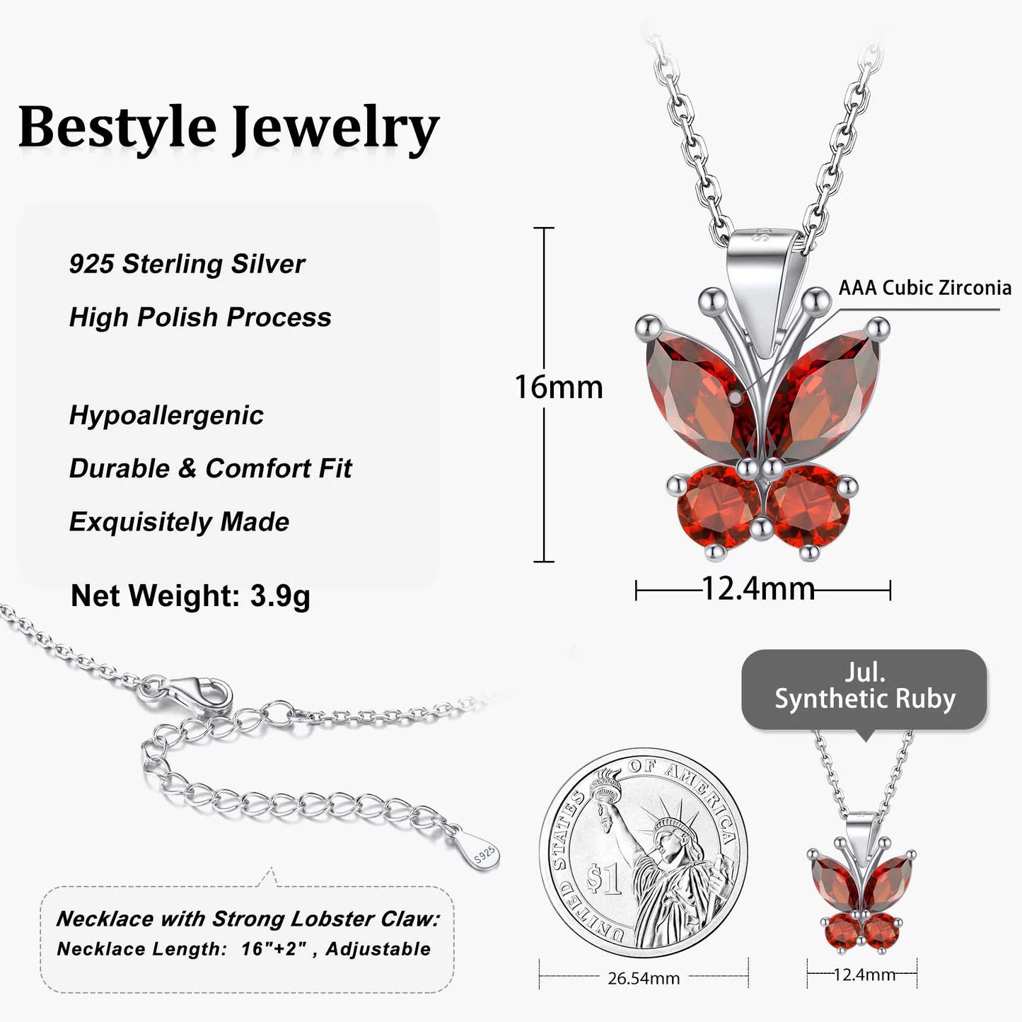 Butterfly Necklace for Women Hypoallergenic July Created Ruby Necklaces 925 Sterling Silver Birthstone Jewelry Gift